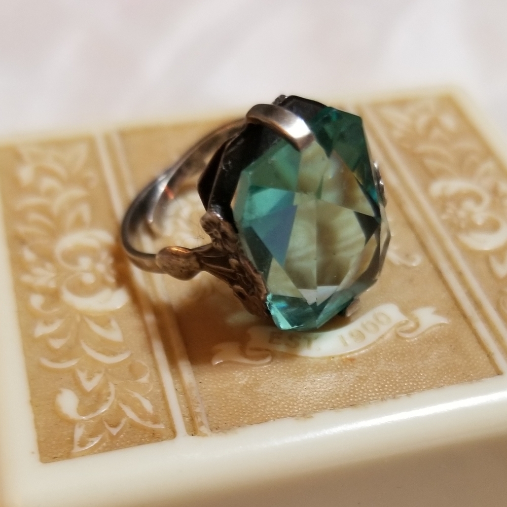 Sterling Silver Aqua Paste Ring Adjustable - Picture 3 of 8